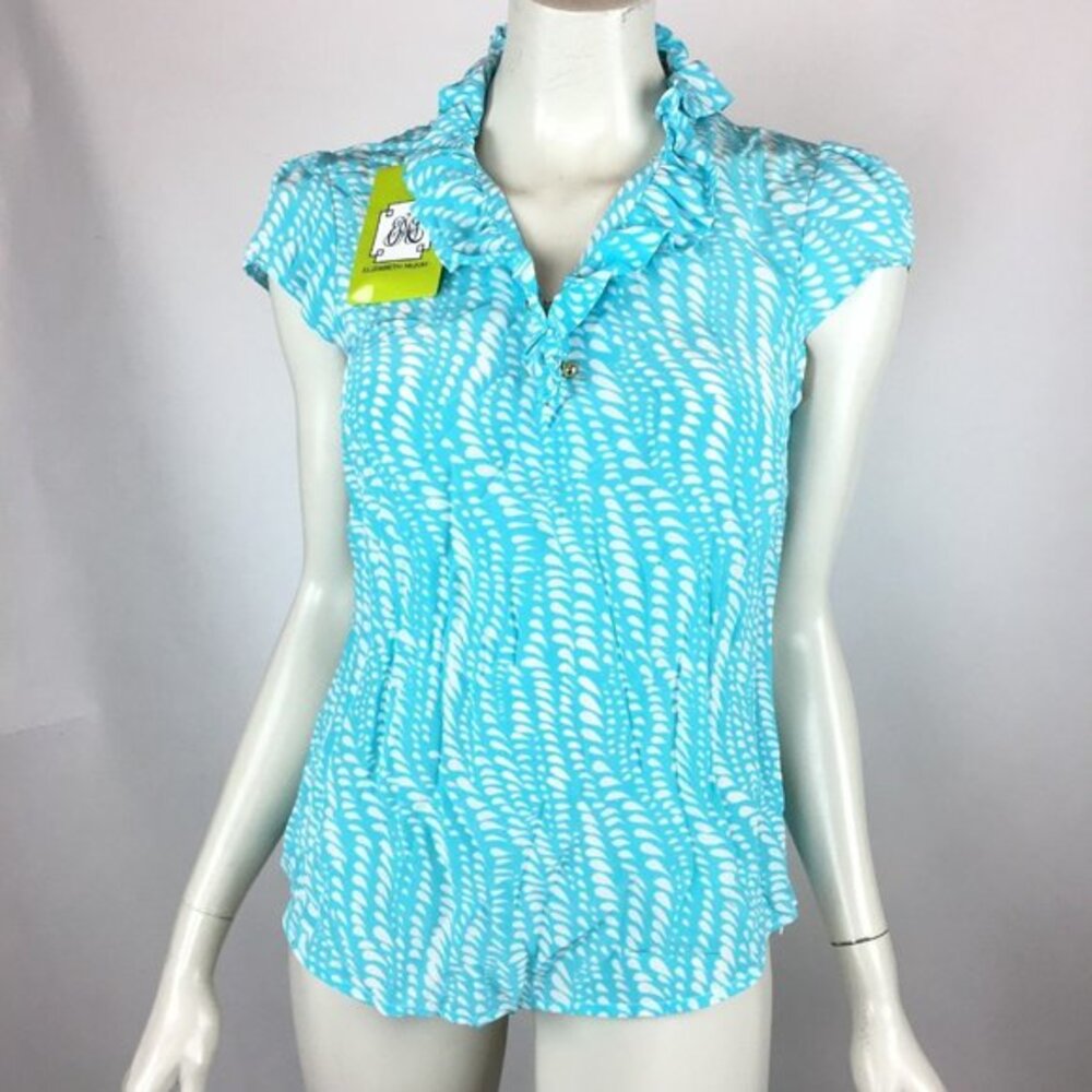 Elizabeth McKay Short Sleeve Silk Blouse Top Blue